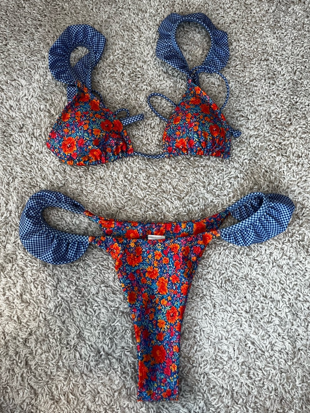 Strawberry Milk Mob Orange Floral on Blue Ruffle Bikini